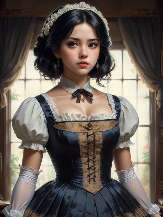 A studio ghibli girl with black hair and white skin and brown eyes and wearing a victorian dress