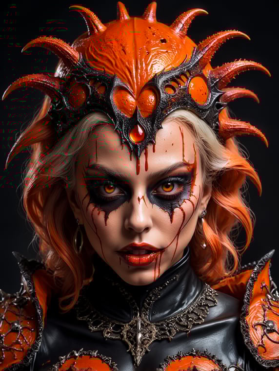 Photo of young lady gaga in a scary orange and black halloween costume with blood in mouth.