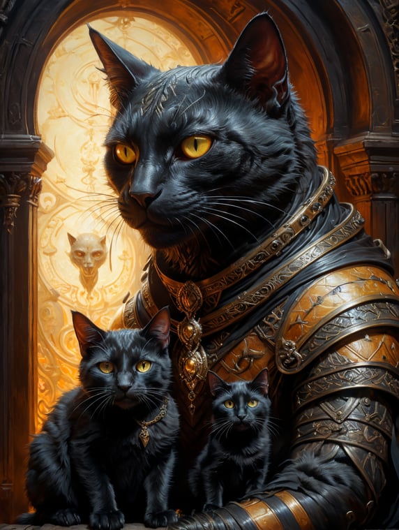 best quality, award winning, oil painting by Brom, Alex Ross, Brian Froud, UHD, creepy, scary, a cat mummy holding a black cat, Universal horror, spooky, ominous, illuminated, warm colors, intricate details, chiaroscuro, rule of thirds composition, vivid colors, highly detailed, soft lighting, artstation, sharp focus, 16K