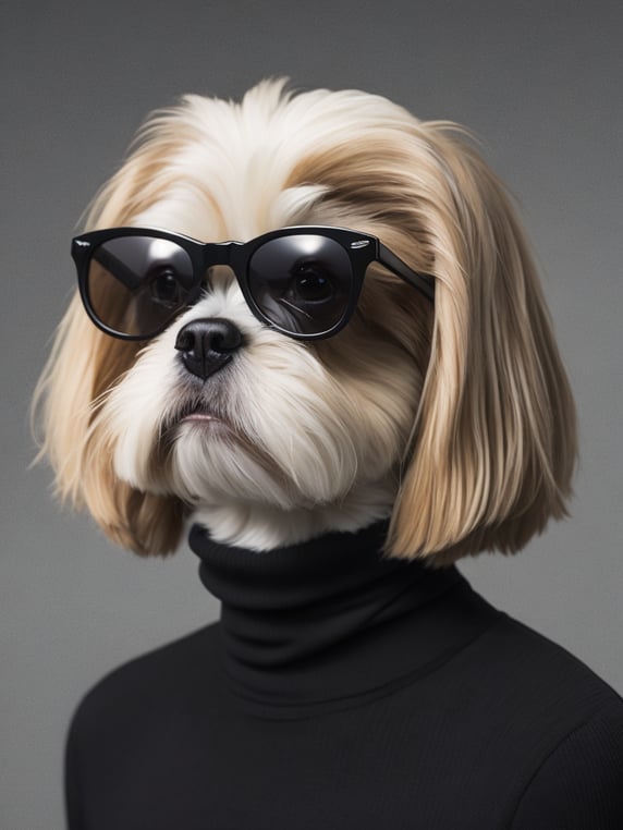 a young shih tzu in a (((black turtle neck shirt Andy warhol style))) wearing Ray-Ban sunglasses. sharp focus, highly detailed, photorealistic photoreal: 1.4, lifelike,highly detailed CG unified 8K,looking at the viewer smiling, (HQ skin:1.4), 8k uhd, dslr, soft lighting, high quality, film grain, Fujifilm XT3. black turtle neck shirt