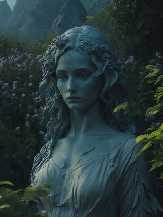 Classical greek landscape with marble statue, surrounded by realistic and magical flowers,, cinematic, hyperrealistic, pre-raphaelite style