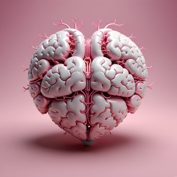A 3D rendered image of a brain and a heart joined together, forming a heart shape. The brain is white in color and the heart is pink. The background is a solid pink color.