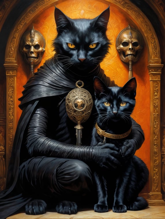 best quality, award winning, oil painting by Brom, Alex Ross, Brian Froud, UHD, creepy, scary, a cat mummy holding a black cat, Universal horror, spooky, ominous, illuminated, warm colors, intricate details, chiaroscuro, rule of thirds composition, vivid colors, highly detailed, soft lighting, artstation, sharp focus, 16K
