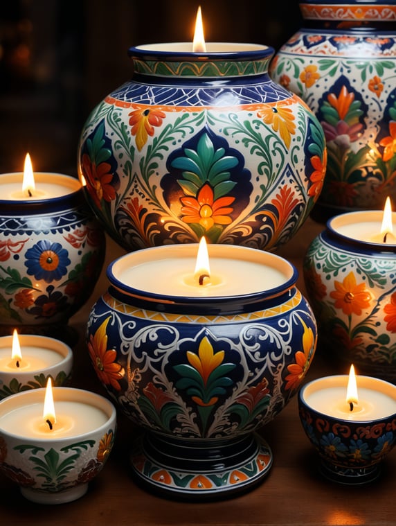 Create an image representing "Isabel's Arte Velas," a candle collection inspired by Mexican art and culture. Picture a candle displayed in a hand-painted vessel resembling pattern from Talavera pottery, but in a standard candle vessel adorned with intricate patterns in luxury white vessels.
