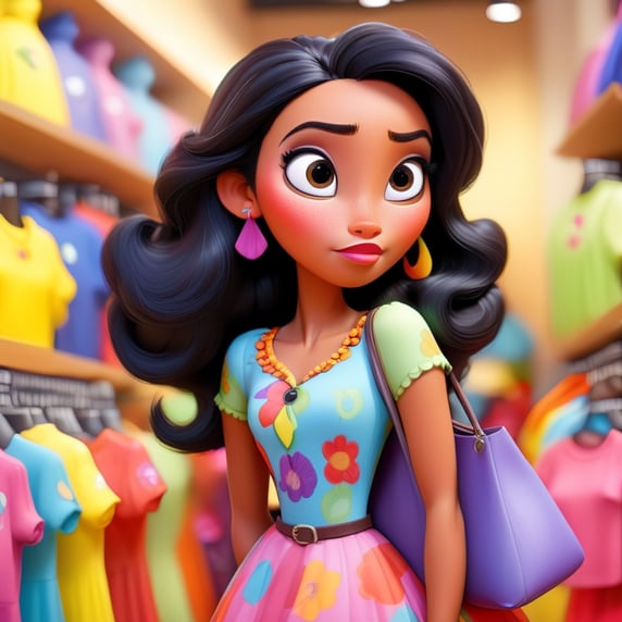 medium size latin woman black hair in colorfull dress, shopping in a nice clothing store