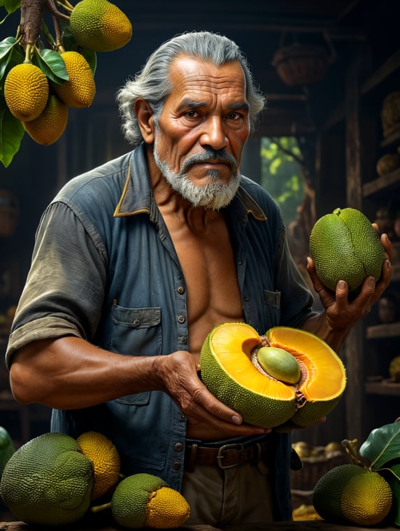 An old south american man, holding a jackfruit, in pixar style