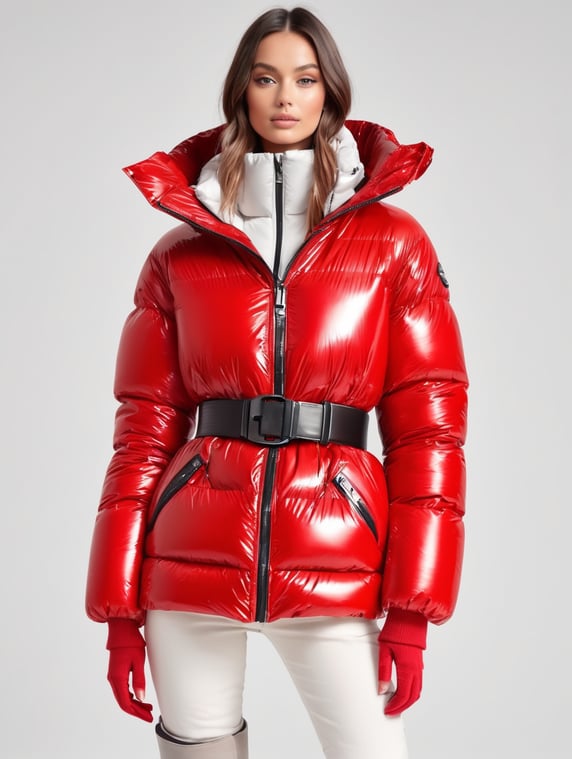 full body girl in a red glossy puffer jacket with bulky belt and massive zipper tab around waist and red glossy down puffer boots