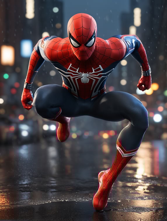Hyper-realistic 3D render of Spider-Man, advanced suit material with fabric micro-details, realistic muscle anatomy under the suit, cinematic city night lighting, wet asphalt reflections, dynamic pose mid-jump, Unreal Engine 5 quality, volumetric lighting, depth of field, 8K textures, photoreal CGI