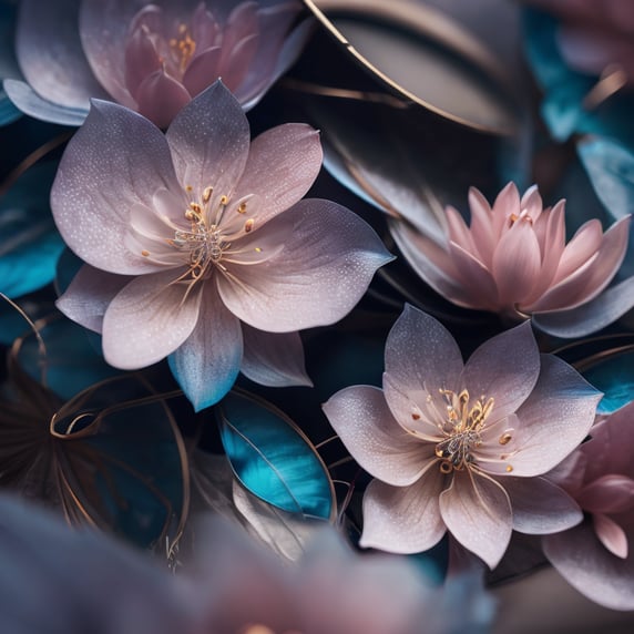abstract ethereal flowers with blue and pink glass petals and metal leaves, 8k, uhd, intricate, highly detailed, sharp focus