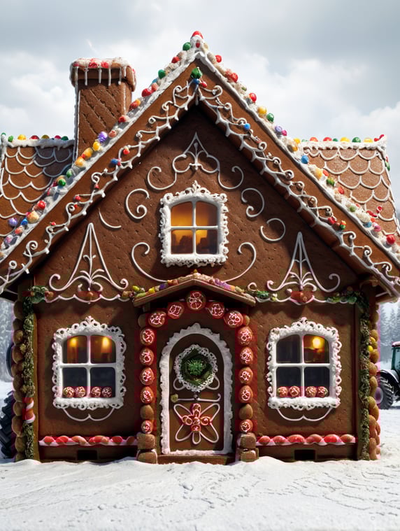 Ginger bread house with for sale sign and a tractor