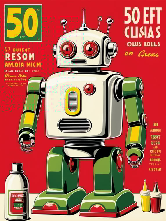 50's ad style illustration for a robot toy, colors are red, off white, yellow, green, reso print