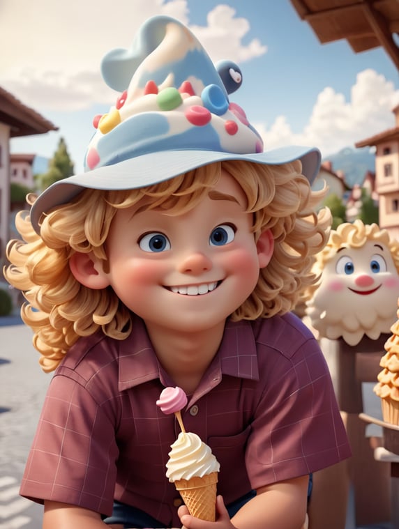 A young boy with a round face and blond curly hair, brown eyes, rosy cheeks, wearing a light checkered shirt, dark blue shorts, a smile on his face, in his hand an ice cream waffle cone, against the backdrop of a small Italian town with many details, blue sky with clouds, sunny day, bright saturated colors, high quality details