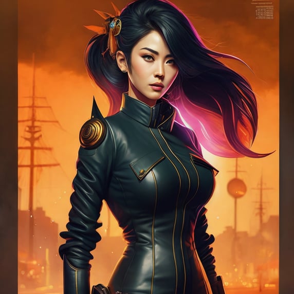 a girl in black and pink with some japanese writing on it, in the style of retro-futuristic propaganda, purple and cyan, anime aesthetic, steelpunk, comic art, qing dynasty, experimental form