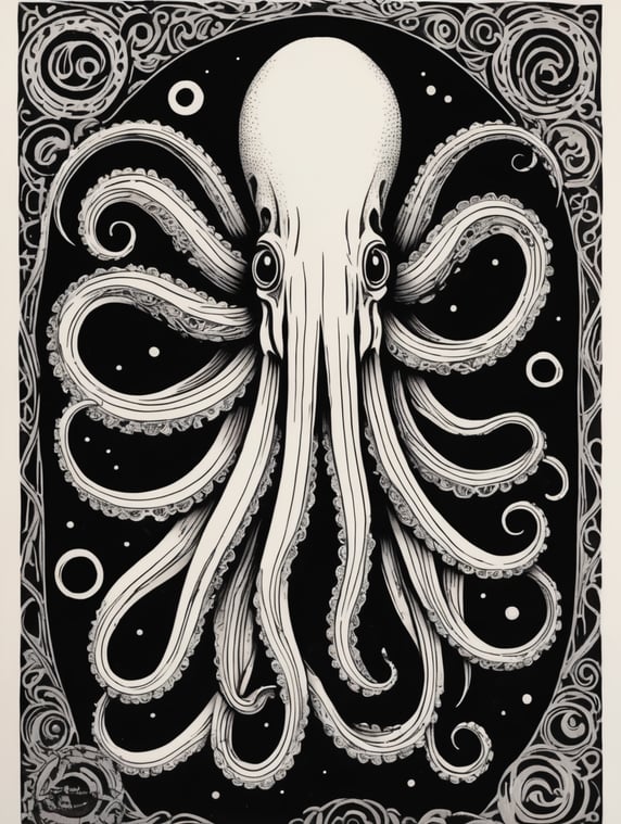 Black and white linocut tattoo design squid thick bold dark lines