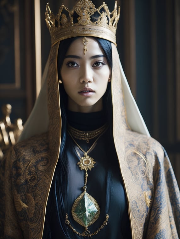 hyper-realistic, ultra-detailed photograph of jisoo blackpink with arabic fashion black cloak and gold crown in the Renaissance ottoman throne kingdom, photo realistic, golden jewelry, shiny, sunlight fractal details, depth of field, HOF, hall of fame, detailed gorgeous face, apocalyptic environment, natural body posture, professional photographer, captured with professional DSLR camera, trending on Artstation, 64k, ultra-detailed, ultra-accurate detailed, bokeh lighting, surrealism