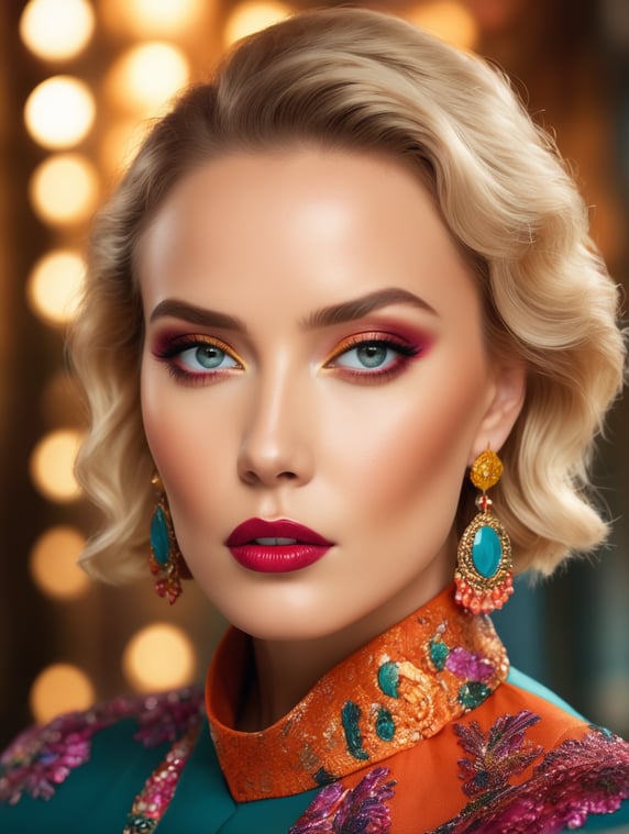 Portrait of bronwyn jackson, bright and saturated colors, elegant, highly detailed, vogue, fashion magazine, sharp focus, bright expressive makeup, dramatic lighting, depth of field, incredibly high detailed, blurred background