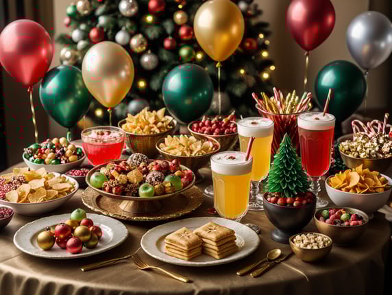 Christmas party celebration, colorful decoration,Christmas paper party flags, balloons, snacks, cocktails, christmas figures