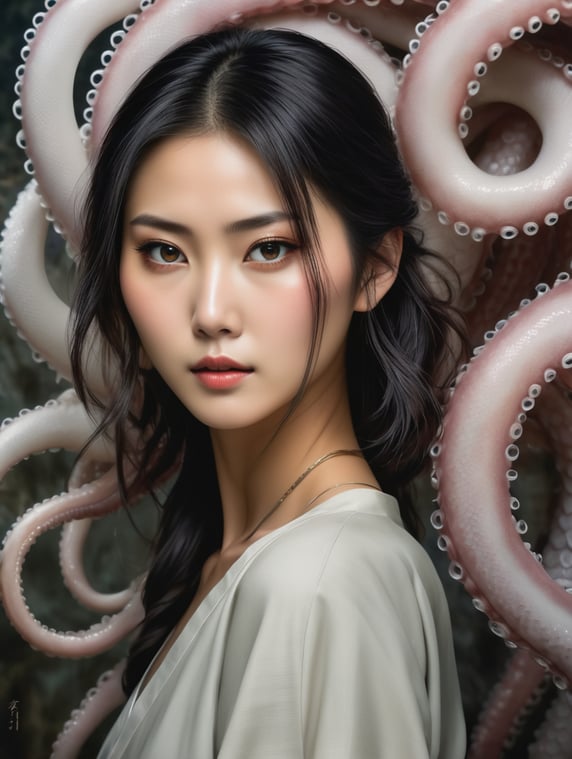 Skinny Young Japanese Girl with tentacles growing from her body, no Makeup, Body Hair, skin imperfections