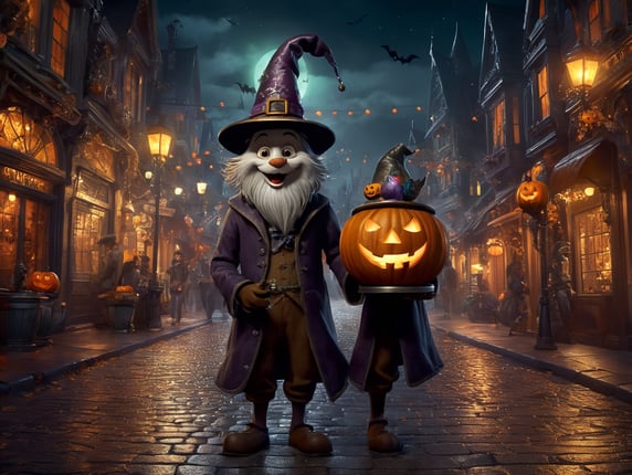 A charming and mischievous Full body Character in the middle of Street at night, halloween theme, Disney Pixar style, wearing a pointy hat and holding a bubbling cauldron