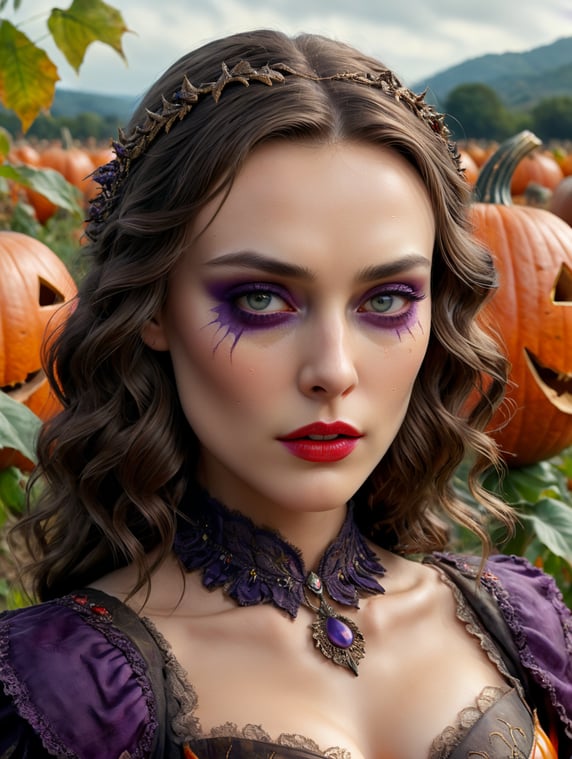 Keira Knightley with a porcelain complexion, like a doll. eyes with red irises and purple lips. The cheekbones are prominent, the eyes bright. She wears a torn witch's dress that reveals scratches and bruises. It is found in a pumpkin patch. Next to her is a scarecrow.; Keira Knightley dalla carnagione porcellana, come una bambola. occhi dalle iridi rosse e labbra violacee. Gli zigomi sono sporgenti, gli occhi brillanti. Indossa un abito da strega strappato che lascia intravedere graffi e lividi. Si trova in un campo di zucche. Accanto a lei si trova uno spaventapasseri.