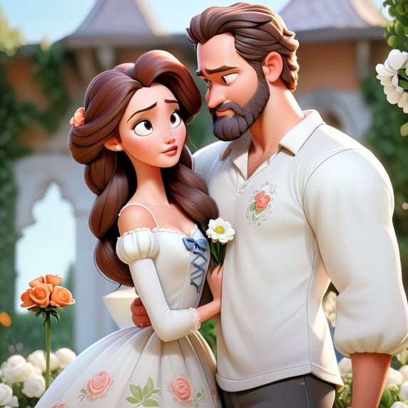 Young beautiful couple: woman with long black hair and a white dress with puffed sleeve, holding a bouquet, touching her forehead to the forehead of a man with auburn hair and beard wearing a white social shirt. romantic gaze.
