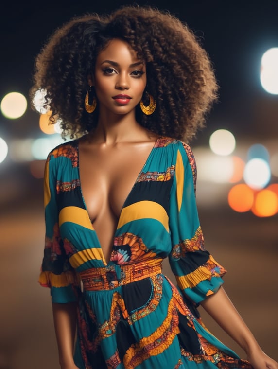 hot, light skinned, black African woman with curly hair, wearing a colorful dress, medium-full shot, at night