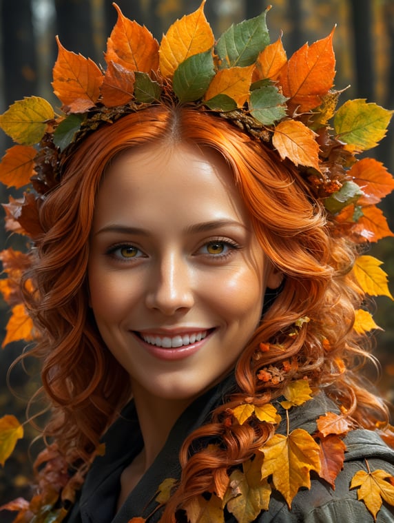 woman with autumn leaves in his hair, orange color hairs, looking happy and positive