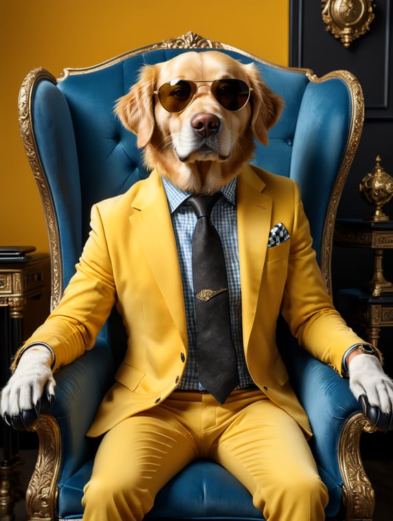 a sleek looking golden retriever, sitting on a tufted blue velvet chair with, bright yellow background, wearing an expensive 3 piece checkered suit, with very large dark sunglasses, hands in lap, full body with black shiny shoes, black leather gloves, black leather shoes, facing front, super crisp, photographic canon 80d, daylight, bold, fantastic
