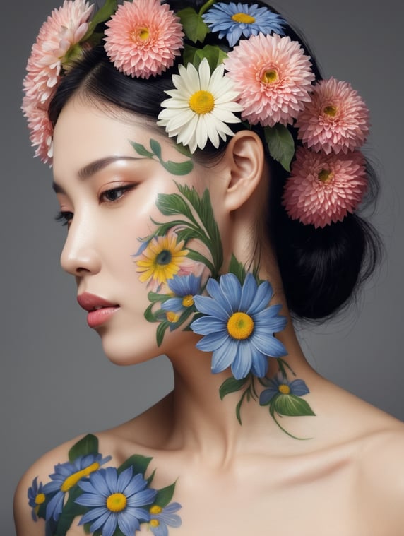 Woman with flowers growing out of skin