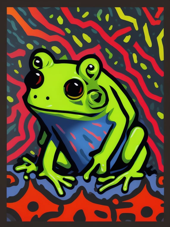 Frog in the rain coat, Keith Haring style, expressive, focus, colorful background, hyperrealistic, detailed, intricate details, rich colors