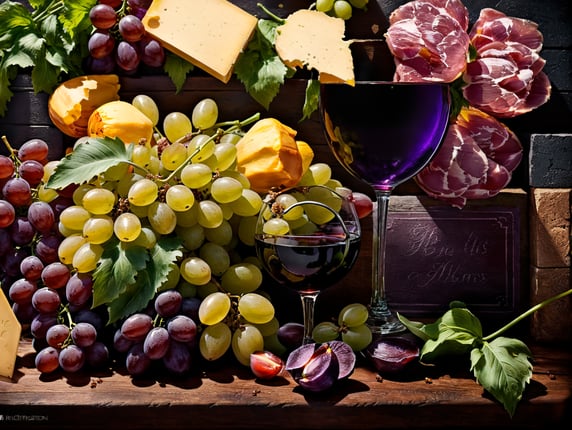 CINEMATIC STILL PHOTOGRAPH OF A GOURMET BOARD WITH CHEESE,HAM AND GRAPES WITH A PURPLE TULIP AND BLANK SIGNS