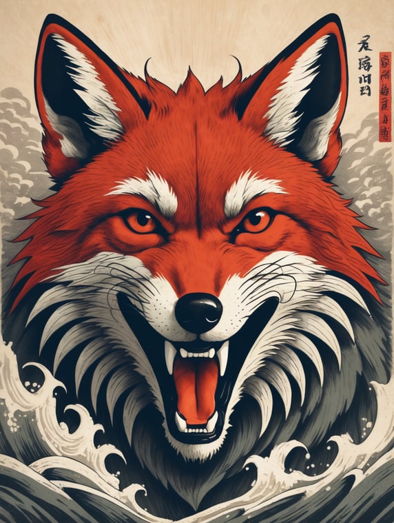 an snarling, nine-tailed red fox in japanese wood block style
