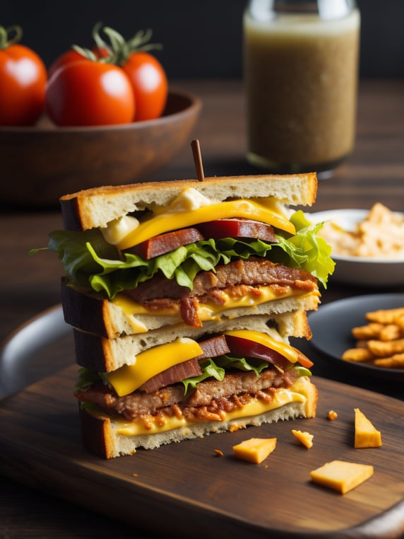 A mouthwatering club sandwich captured in high definition, featuring layers of crispy bacon, juicy luncheon meat slices, fresh lettuce, ripe tomatoes, and melted cheddar cheese, oozing with creamy mayo and mustard, on lightly toasted whole-grain bread, Photography, macro lens f 2.8, --ar 1:1 --v 5.