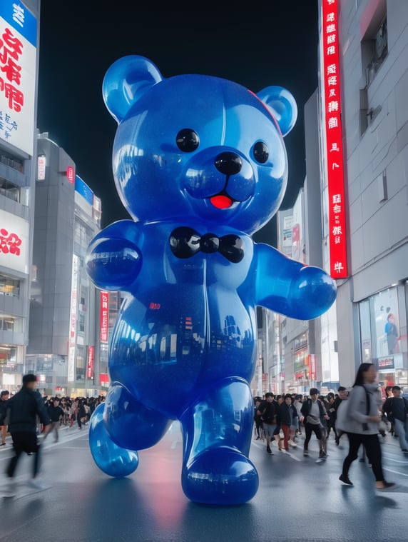 A huge 3D giant blue gummy bear running on shibuya crossings in Tokyo Japan at night with a lot of building lights in background. being chased by an army of small red gummies