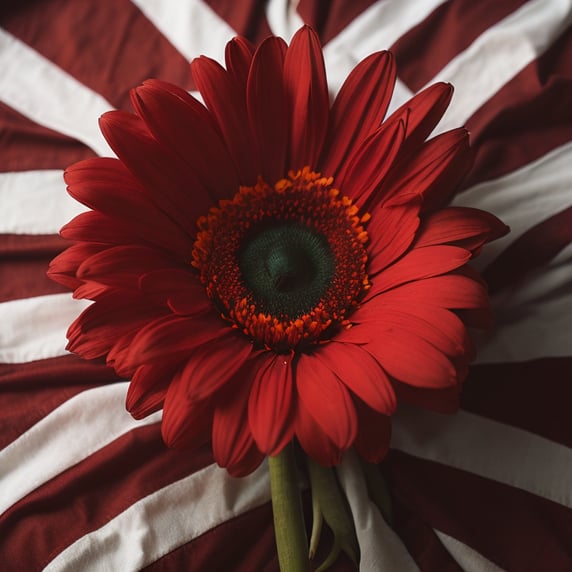 Red gerbera daisy on black background with American flag