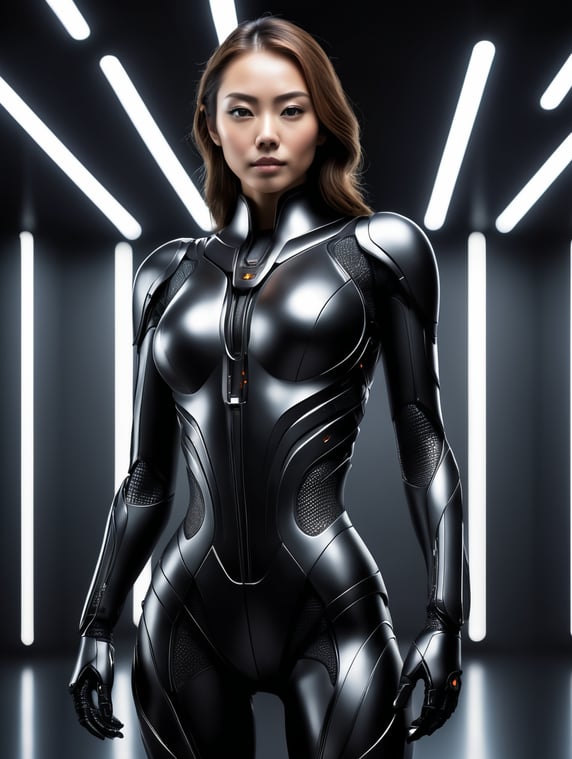 An ultrarealistic photograph of a minimalist futuristic full body power suit, without lights, made of black mate metal and polymer, full crystal hull, for a fit woman, imposing, modern minimalism, elegant, dystopia, mysterious, godlike, scary, in a dark room, 8k