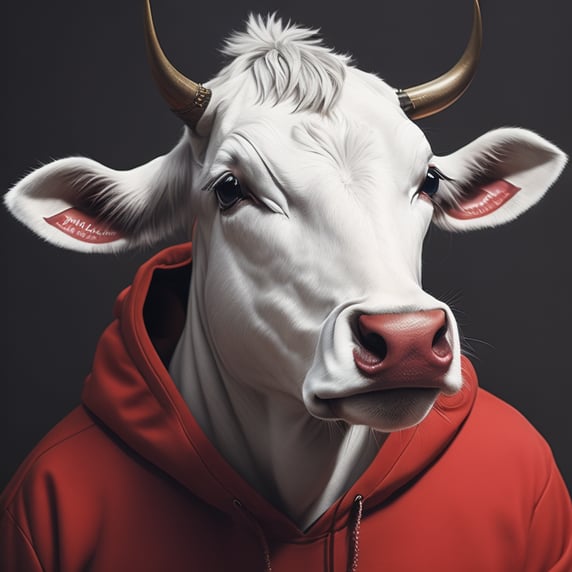 Hip Hop white cow,portrait, in red hoodie, vintage style, gentle watercolor style