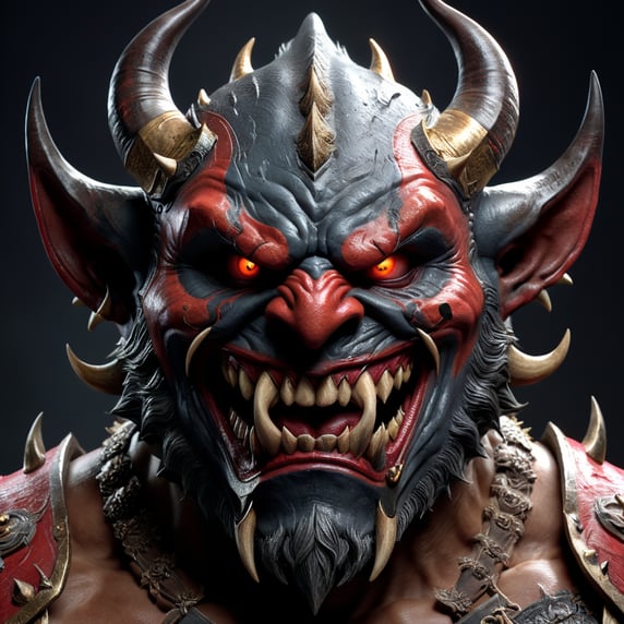 creepy oni mask with huge horns and sharp teeth. detailed, epic, fantastic, 8k, realistic, 3d render