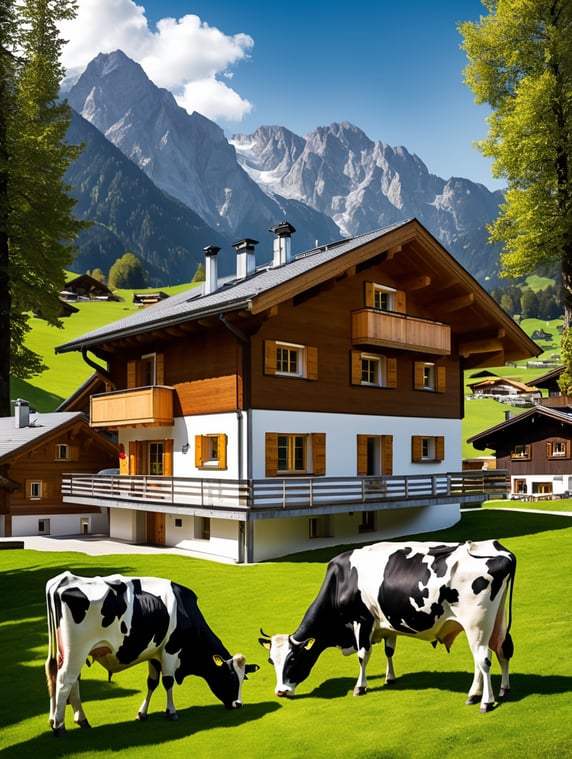 Mountain Austrian chalet, modern, Tyrol, cows, poster style