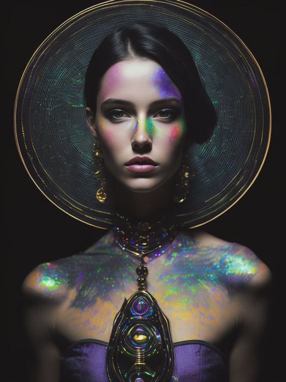 Portrait of a girl with scales instead of skin, Holographic materials shimmer in motion, a hyper realistic image, black background, vintage medium shot 1920's, Vivid saturated colors, Contrast color