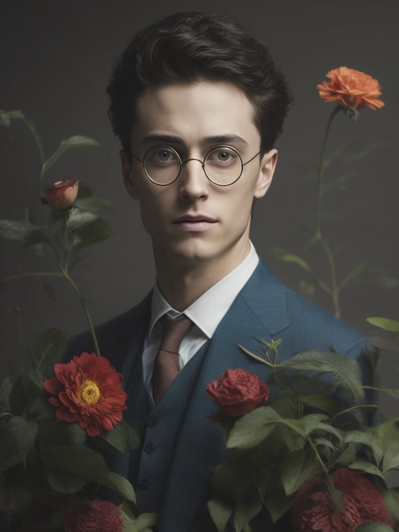 Harry potter with flowers, painted by rené magritte