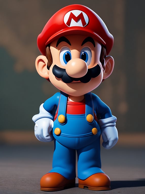 Super mario, creative, and kind-hearted person with mustache, Wearing blue pants with suspenders, brown boots, a red cap with the letter M, white gloves, big eyes, big nose standing centered in 3D style, rendered using beautiful Disney animation, Pixar style, Disney style, 3D style