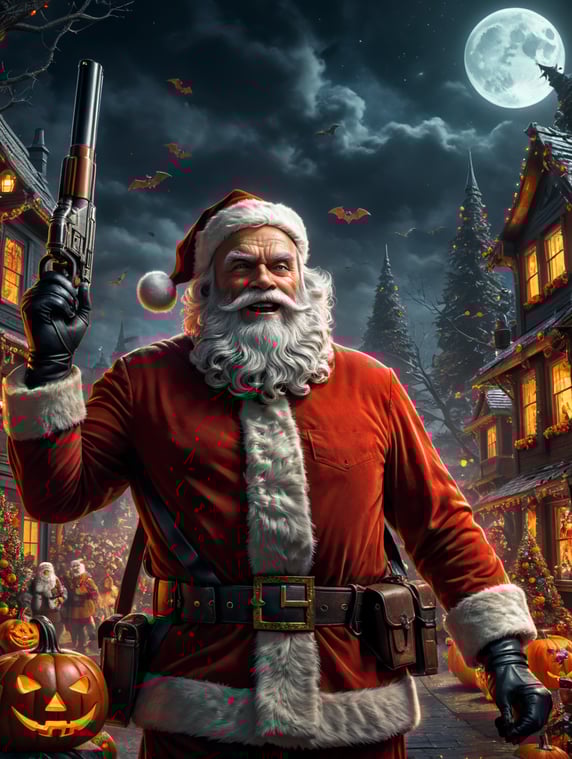 Santa Claus is coming to town, Halloween vibes, rocket gun, dark comic book style