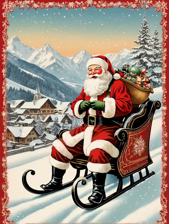Santa Claus in a front of Austrian, Tyrol vintage Christmas postcard illustration brimming with nostalgic winter scenes, adorned with sleigh bells and delicate snowflakes
