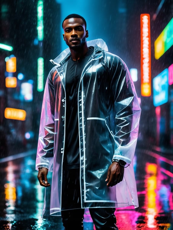 Portrait of A super model black African man wearing translucent raincoat, standing on a street under the heaviest rain, neon cyber city, dark night, neon signs,