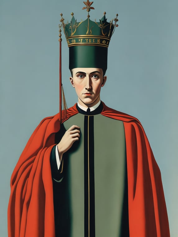 Painted by rene magritte. justice wears a crown with a small square on it representing well-ordered thoughts, and a red robe with a green mantle.