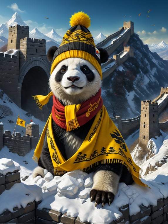 white and black panda sitting on a snowy moutain greatwall wearing a woolly hat and scarf and great wall has many yellow dragon triangle flags
