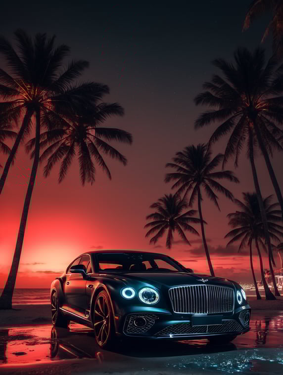 Bentley car, one red cup, beach, palm trees, Miami, neon lights, nighttime