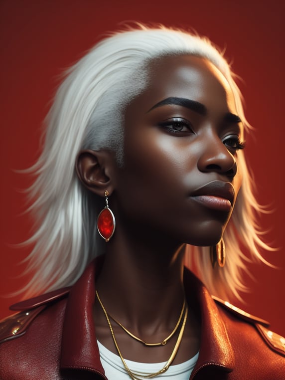 black girl on a red background, red light reflection on her face, White hair