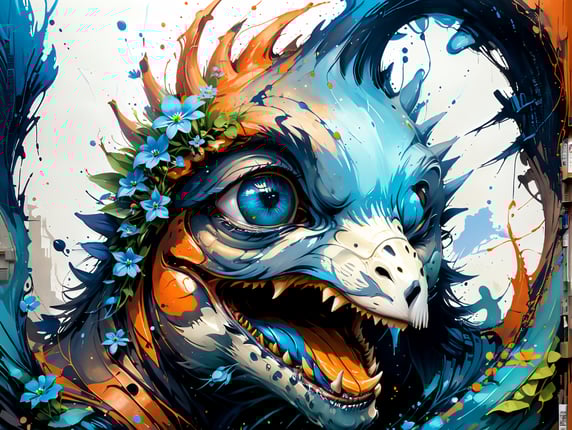 The book is gigantic and open. Inside it is a world of dinosaurs. Blue forget-me-not flower.; Книга гигантская открытая. Внутри неё мир динозавров. Цветок синий незабудка.